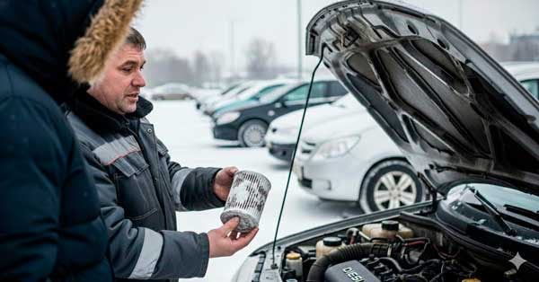 Дизельный автомобиль зимой с проблемным топливным фильтром, сцена эксплуатации в зимних условиях, важно для пояснения влияния холода и конденсата на фильтр